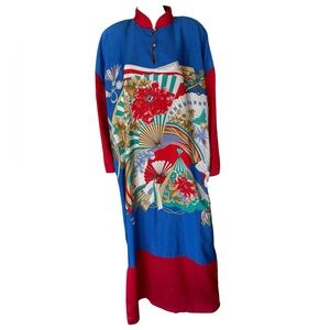 Mary McFadden Vintage 80s Silky Satin Asian Art to Wear Maxi Kaftan House Dress